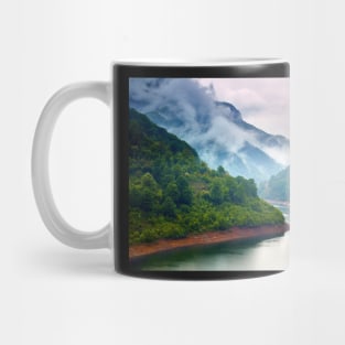 Lake in the mountains on a foggy day Mug